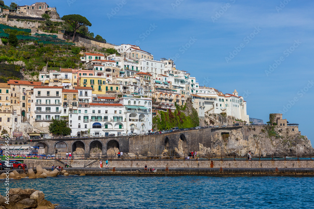 View of Amalfi city in Italy from a boat.
