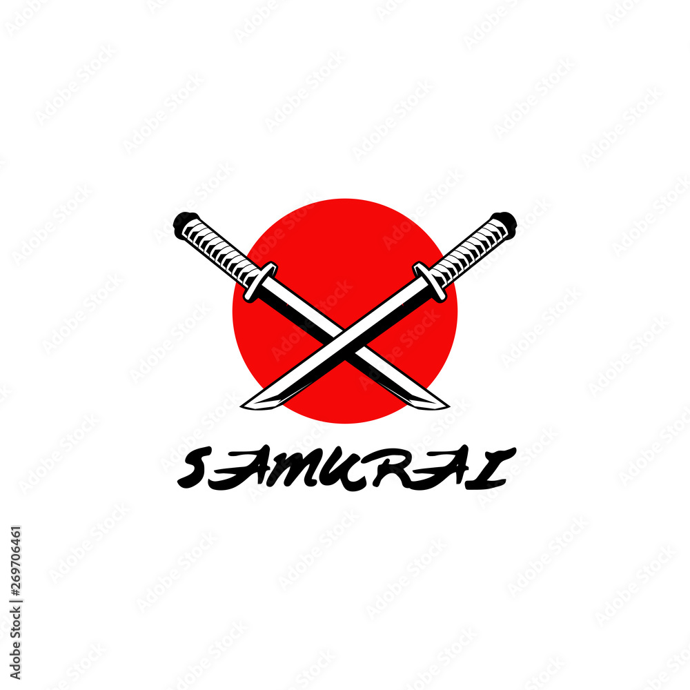 Samurai logo design with crossed sword vector template