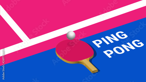 Poster with ping pong ball bouncing on racket on the game field