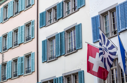 Zurich architecture. The facade of the house. Windows with shutters. Zurich Streets