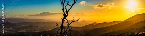 Fototapeta Naklejka Na Ścianę i Meble -  Panoramic Mountains at Sunset with Silhouetted tree