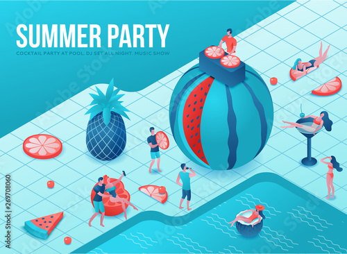 Pool party isometric 3d illustration with cartoon people in swimsuit, drinking cocktail, relax, dj, music, recreation spa concept, watermelon, orange, summer event background, leisure time