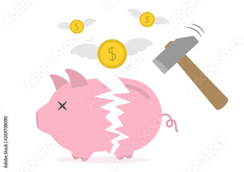 Piggy bank broken dead with hammer concept