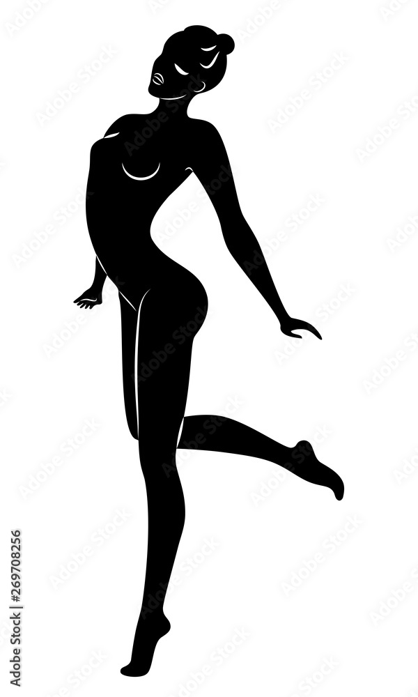 Silhouette of slender lady. Girl gymnast. The woman is flexible and graceful. She is jumping. Graphic image. Vector illustrati