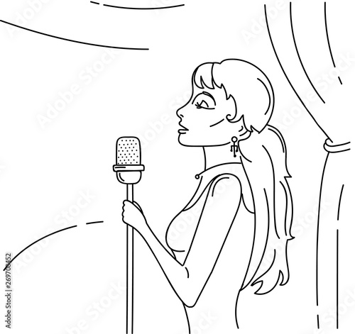 Young beautiful woman singing on stage in microphone, outline graphic illustration 