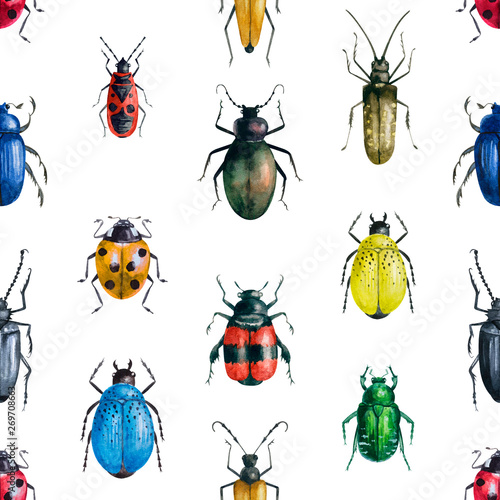 Beautiful set of drawing seamless pattern of multicolored bright beetles. isolated on white background. watercolor illustration for design, packaging, product, fabric, website, print, poster.