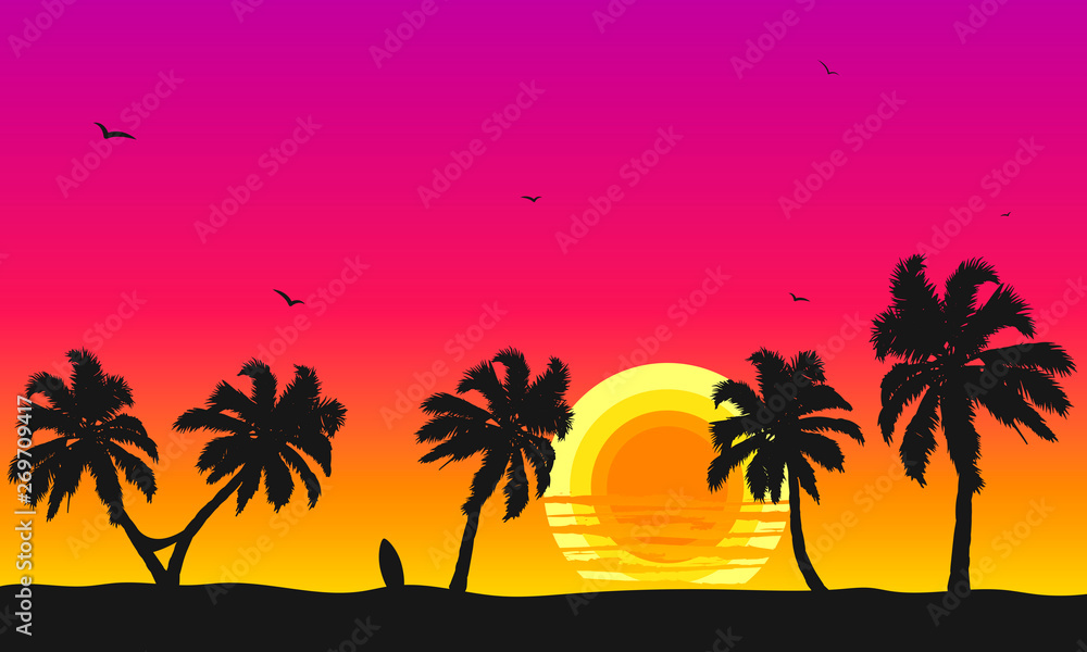 sunset background with palm trees surfboard
