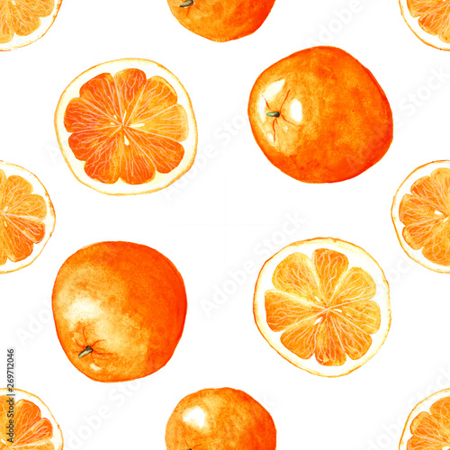 Watercolor hand drawn citrus fruits seamless pattern. Oranges, mandarins and half of them on white background.