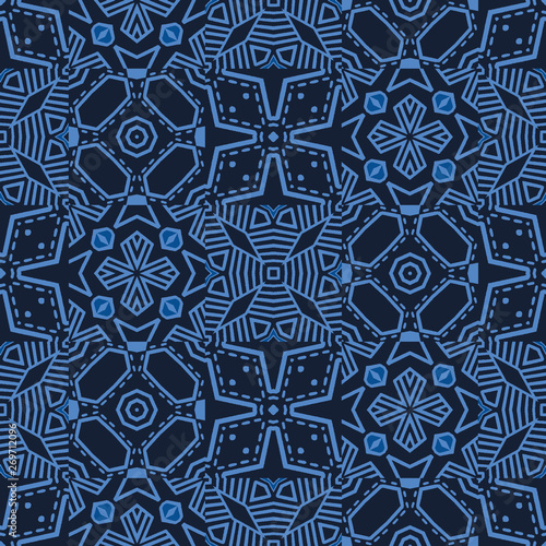 Indigo blue mosaic tile shapes. Vector pattern seamless background. Hand drawn geometric quilt daisy graphic illustration. Trendy retro home decor, boho masculine fashion print, navy floral wallpaper.
