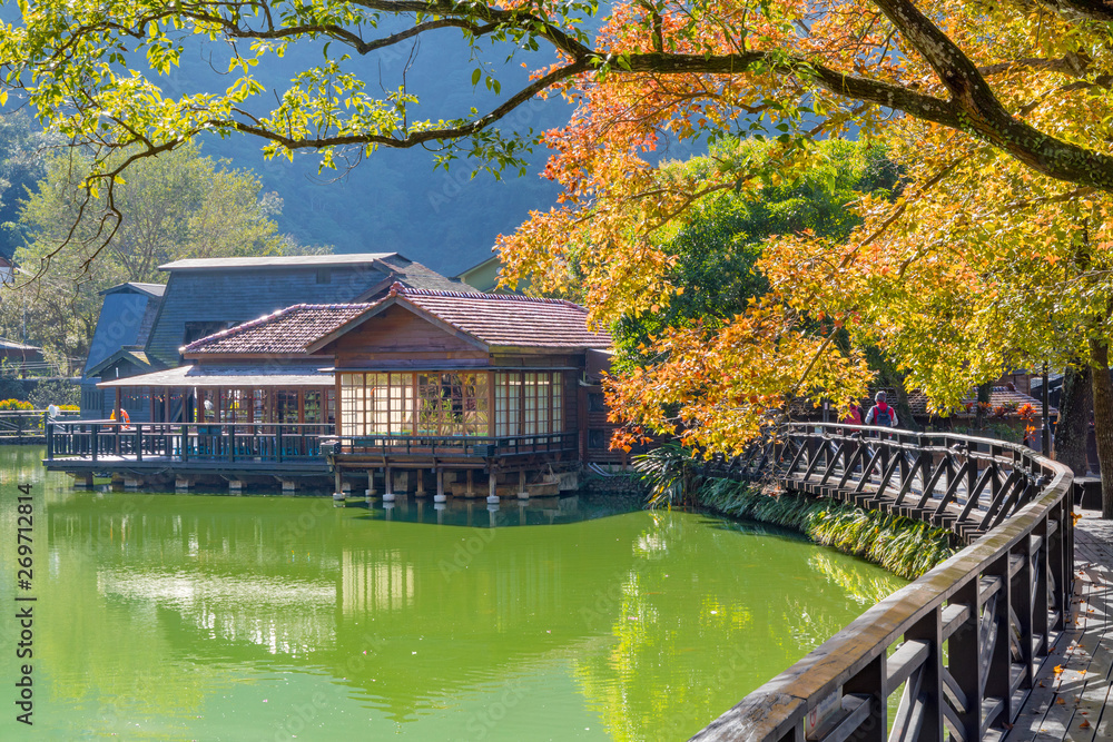 Beautiful house and maple red Leaves at jiji line, Nantou, Taiwan