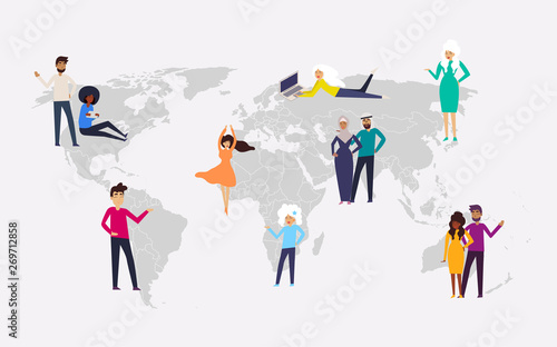 Design concept with world map, different characters people and background for website and mobile website. Vector illustration. © Artamstera