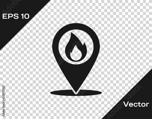 Grey Map pointer with fire flame icon isolated on transparent background. Fire nearby. Vector Illustration