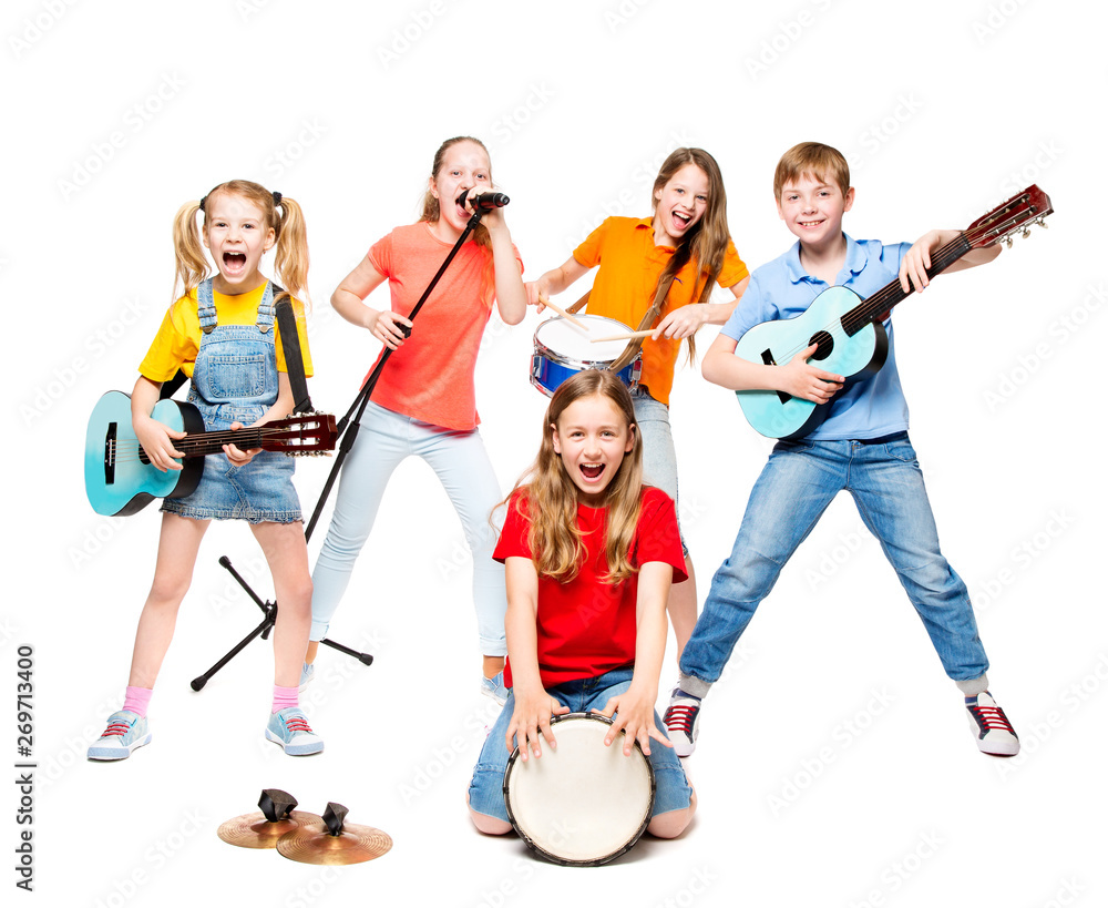 Children Group Playing on Music Instruments, Kids Musical Band over White  Background foto de Stock | Adobe Stock