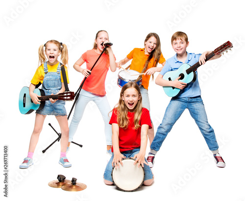Фотография Children Group Playing on Music Instruments, Kids Musical Band over White Backgr