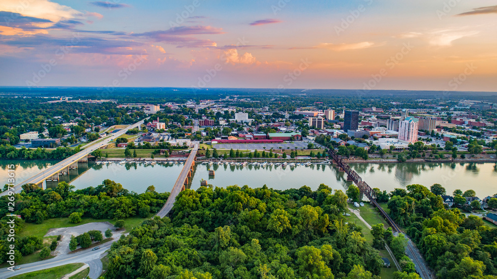 Augusta, Georgia, USA Downtown Skyline Aerial along the Savannah