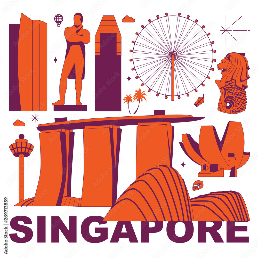 Singapore culture travel set, famous architectures and specialties in