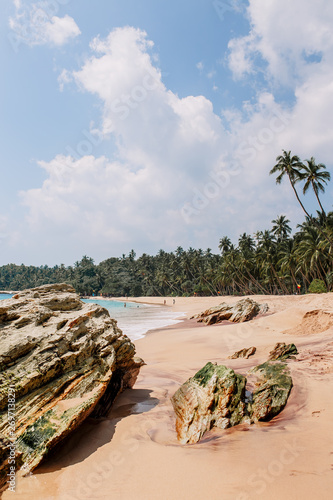 White and rose sand & blue water in Tangalle. Amanwella beach with thin palm trees in the southern province of Sri Lanka. Majestic bay in Indian Ocean. Waves breaking on the most beautiful stones.