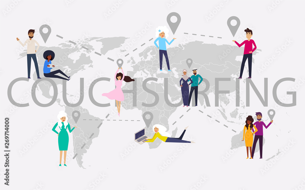 Design concept of couchsurfing with world map, different characters people and background for website and mobile website. Vector illustration.