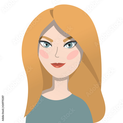 Girl blonde with blue eyes in a cartoon style. Suitable for avatar. On white background