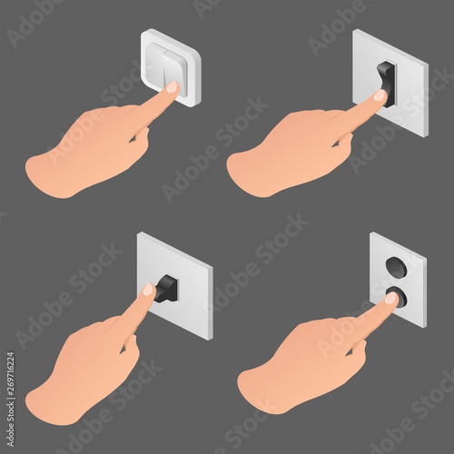 Set hand press on switch toggle button isometric icon vector illustration