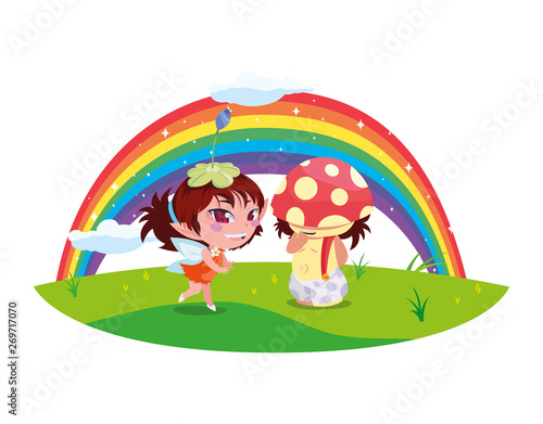 beautiful magic fairy and fungu elf with rainbow scene