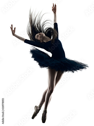 one young beautiful long hair caucasian woman ballerina ballet dancer dancing studio shot silhouette isolated on white background