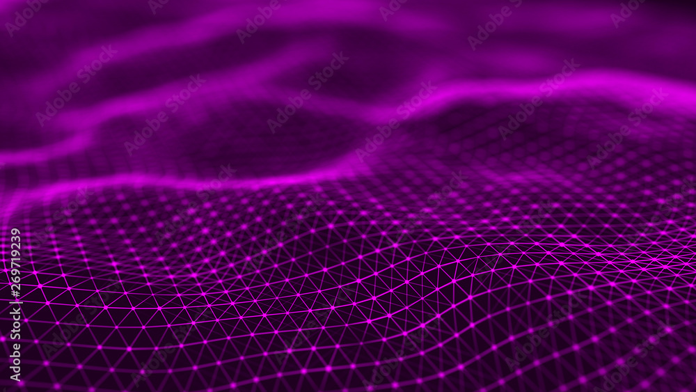 Wavy surface with many connected dots and lines. Abstract futuristic background. 3D rendering. Wavy surface with many connected dots and lines. Abstract futuristic background. 3D rendering.
