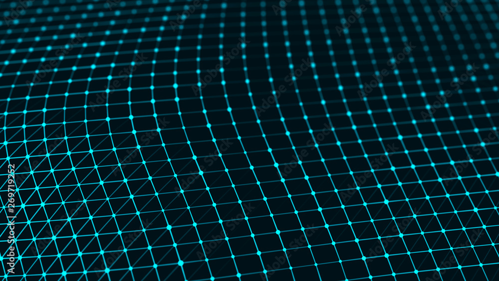 Wavy surface with many connected dots and lines. Abstract futuristic background. 3D rendering. Wavy surface with many connected dots and lines. Abstract futuristic background. 3D rendering.