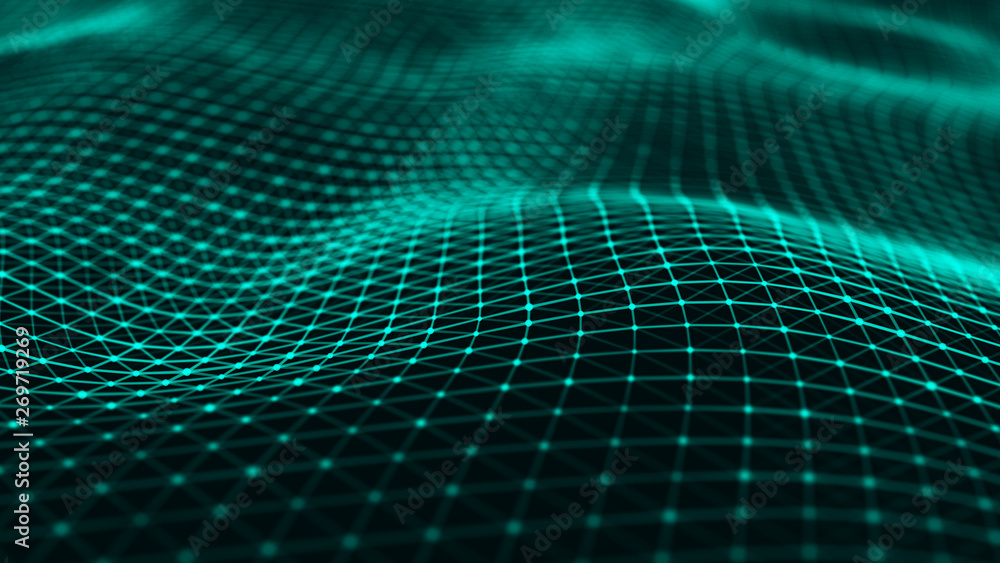 Wavy surface with many connected dots and lines. Abstract futuristic background. 3D rendering. Wavy surface with many connected dots and lines. Abstract futuristic background. 3D rendering.