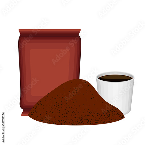 Pile ground coffee with a bag and cup - Vector