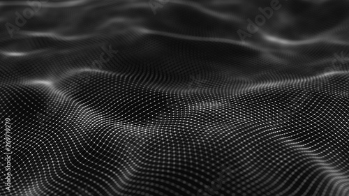 Wavy surface with many connected dots and lines. Abstract futuristic background. 3D rendering.