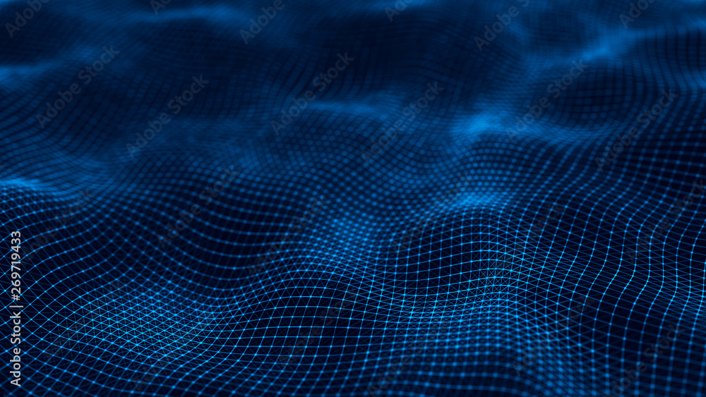 Wavy surface with many connected dots and lines. Abstract futuristic background. 3D rendering.