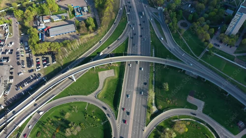 Aerial view of a freeway intersection traffic trails in Moscow.