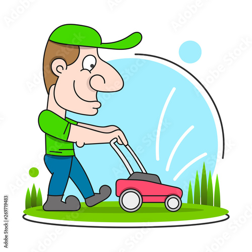 Illustration Of A Gardener Wearing Hat And Overalls With Lawnmower Mowing Lawn Viewed From Front Set On Isolated