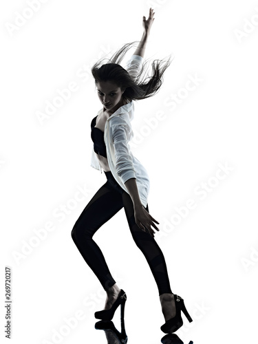 one young beautiful long hair caucasian woman modern ballet disco dancer dancing studio shot silhouette shadow isolated on white background