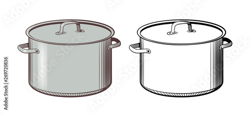 Retro style illustration of big metallic pots. Black and white and colored version