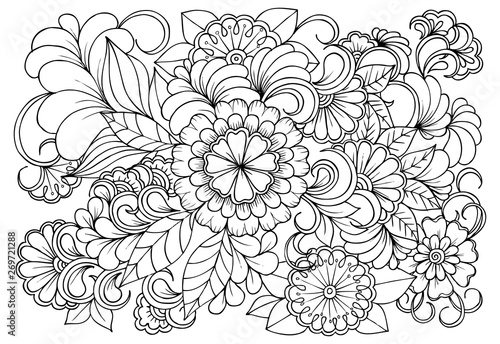 Wallpaper Mural Coloring page in black and white for colouring book. Leafs and flowers  in monocrome colors. Doodles pattern vector Torontodigital.ca