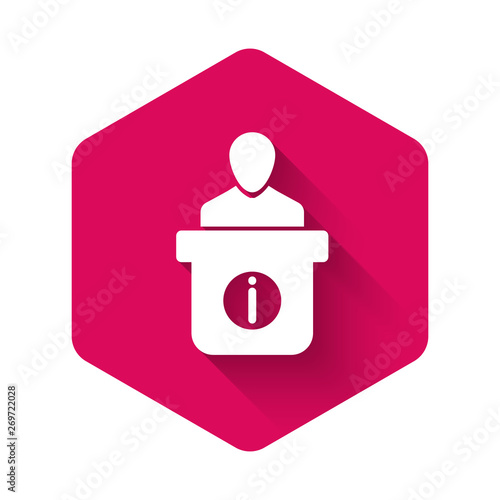 White Information desk icon isolated with long shadow. Man silhouette standing at information desk. Help person symbol. Information counter icon. Pink hexagon button. Vector Illustration