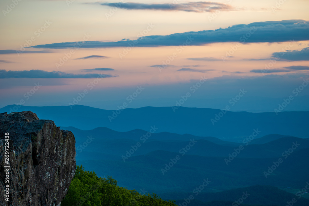 Naklejka premium Rocky outcrop at dusk in the Appalachians