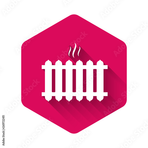White Heating radiator icon isolated with long shadow. Pink hexagon button. Vector Illustration