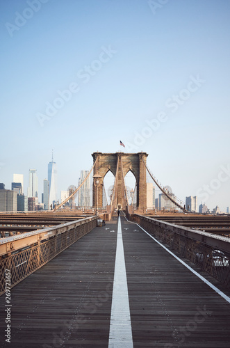 Brooklyn Bridge at sunrise, New York City, USA.