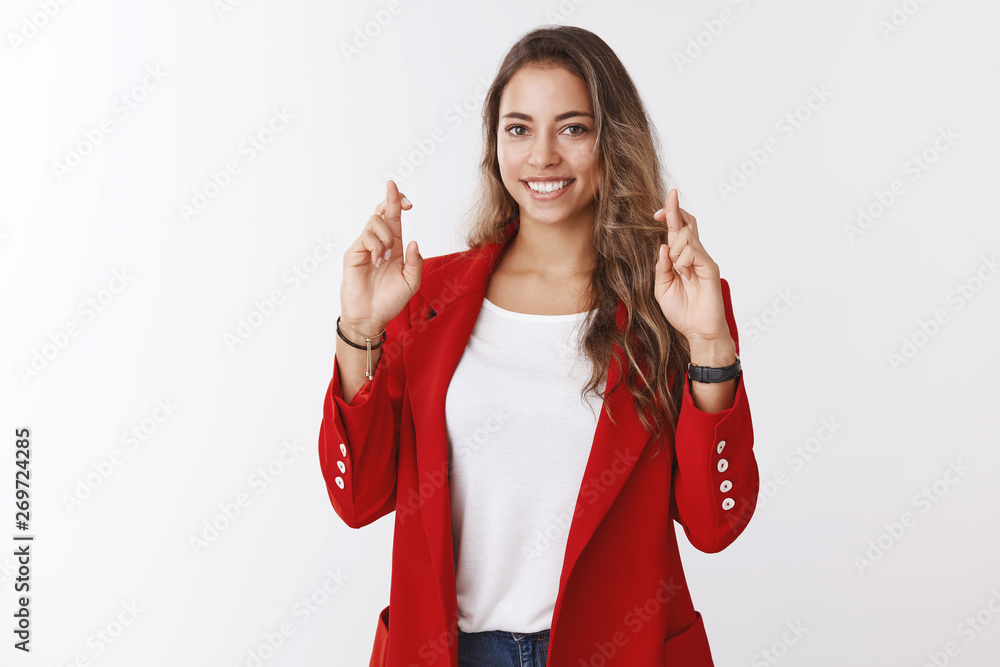 Charming lucky cute woman high hopes pass job interview successfully cross fingers for good luck, hopefully smiling camera praying dreaming anticipating results self-assured, white background Charming lucky cute woman high hopes pass job interview successfully cross fingers for good luck, hopefully smiling camera praying dreaming anticipating results self-assured, white background