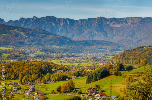 Panoramic aerial scenery, of Austrian mountains Valley, Salzkammergut, Austria in a beautiful summer day. Breathtaking Alpive Landscape. Austria summer nature outdoor landscape. nature background