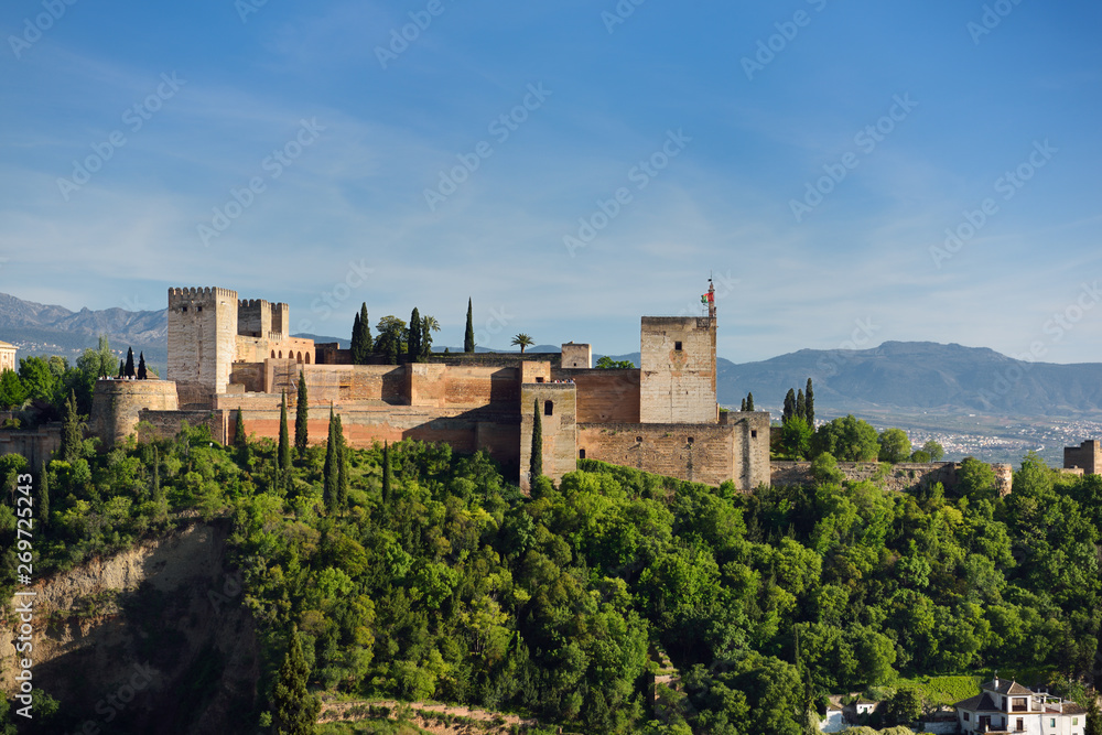 At left Round Homage and Broken towers and Arms and Watch towers at right of Alcazaba Alhambra Granada