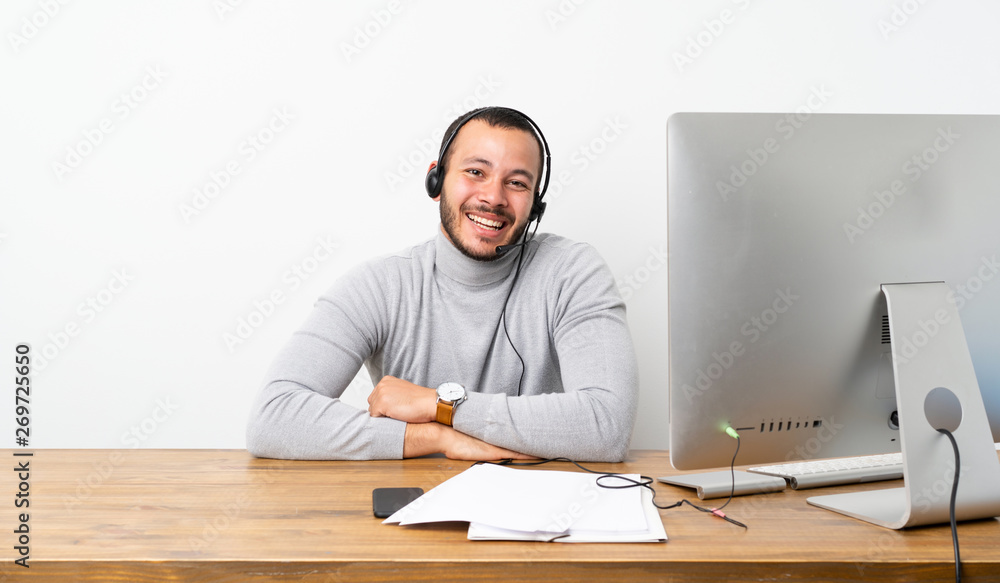 Telemarketer Colombian man smiling Telemarketer Colombian man smiling