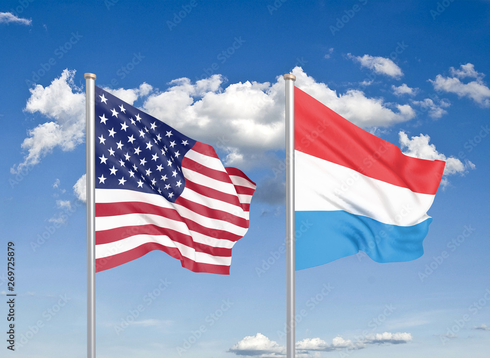 United States of America vs Luxembourg. Thick colored silky flags of America and Luxembourg. 3D illustration on sky background. - Illustration