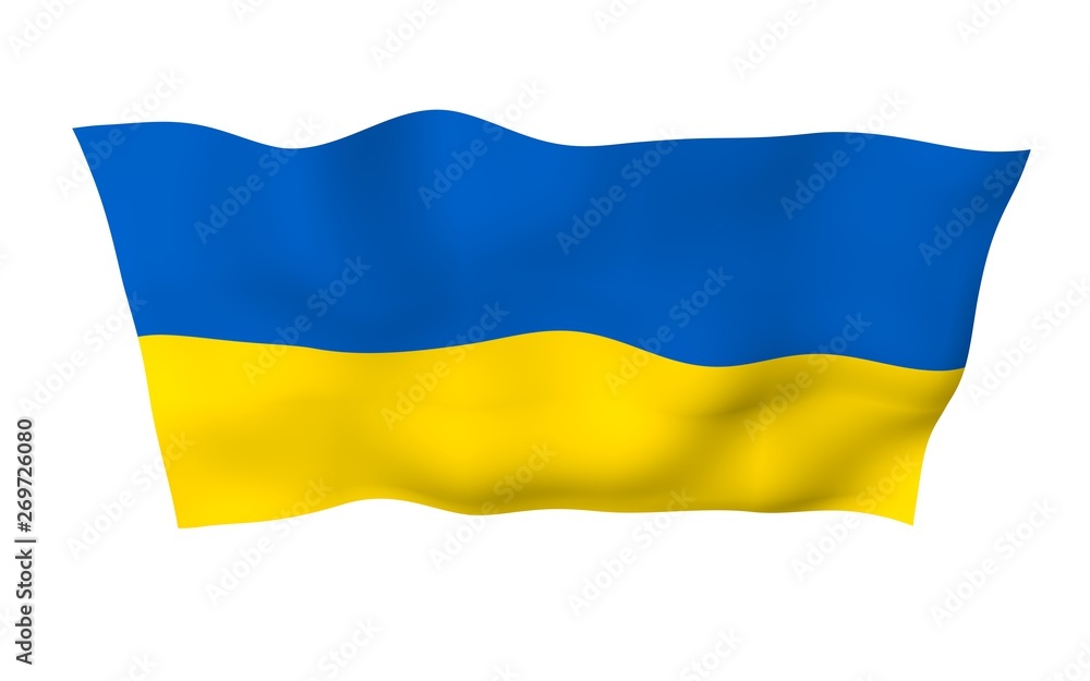 The flag of Ukraine on a white background. National flag and state ensign. Blue and yellow bicolour. 3D illustration waving flag The flag of Ukraine on a white background. National flag and state ensign. Blue and yellow bicolour. 3D illustration waving flag