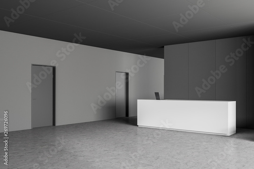 White reception in gray office lobby with doors