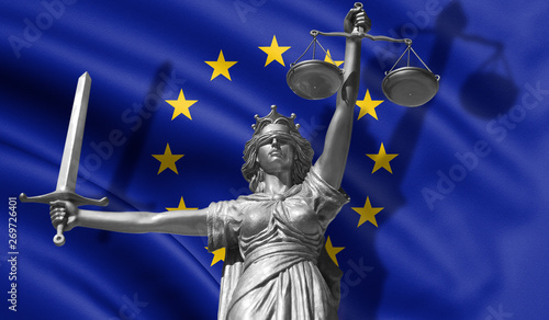 Cover about Law. Statue of god of justice Themis with Flag of European Union background. Original Statue of Justice. Femida, with scale, symbol of justice with EU flag 3d rendering.
