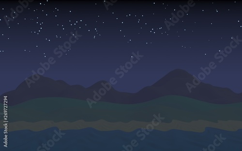 Starry moonless sky. Ocean shore line with waves on a beach. Island beach paradise with waves. Vacation, summer, relaxation. Seascape, seashore. Minimalist landscape, primitivism. 3D illustration